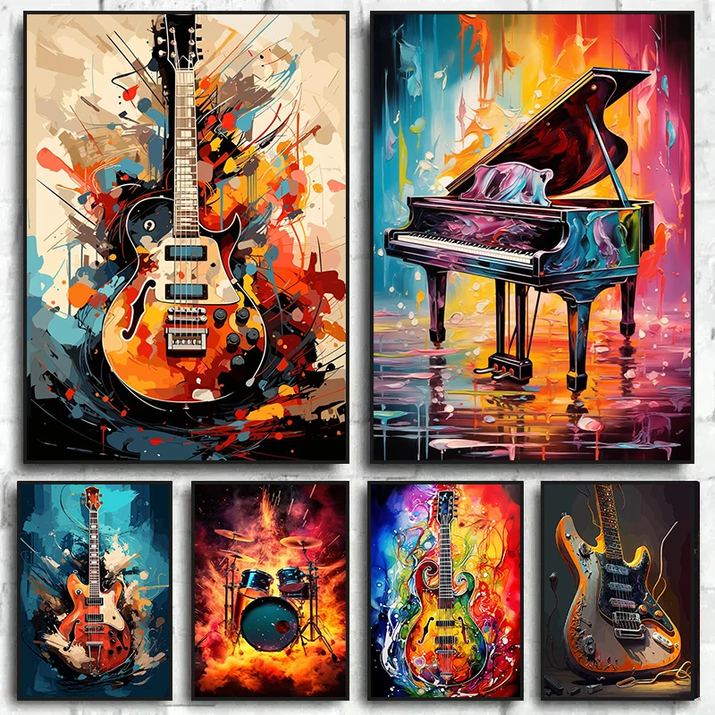 Picture Of Musical Instrument - 抽象的なカラフルなアート楽器ドラムキットギターポスタープリントキャンバス絵画音楽壁アート画像ホームルームデコレーション