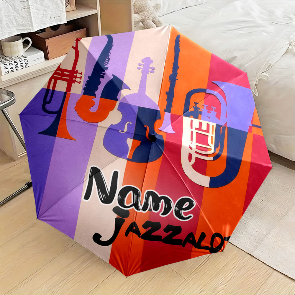 Musical Instrument And Names - 名前入りの傘、「音楽好きのためのカラフルなジャズ楽器デザイン傘」晴雨兼用折りたたみ傘、ギフト