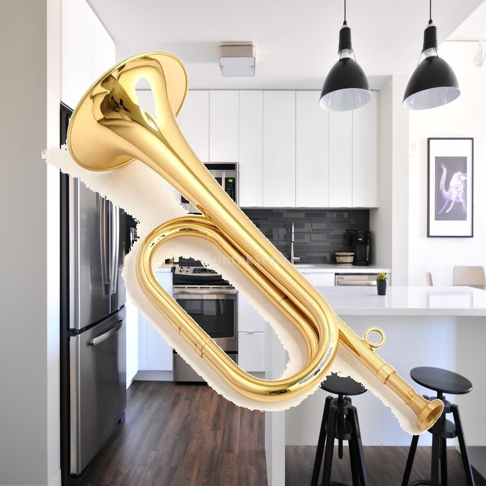 Musical Instrument Bugle - ミニ真鍮製楽器 ウィンドホーン コンパクトなバグル 指リング付き 練習バンドやディスプレイ装飾用