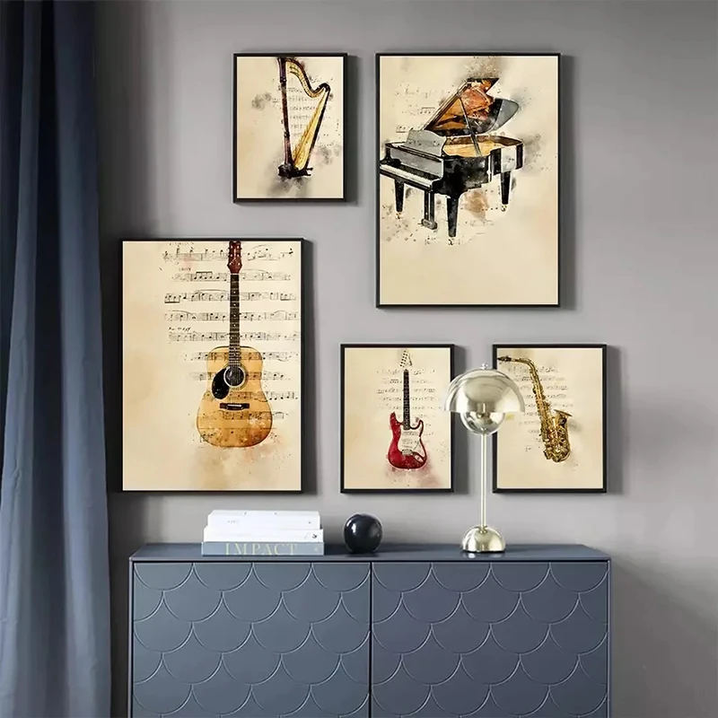 楽器ピアノギターヴィンテージスタイルプリントキャンバス絵画ポ - Picture Of Musical Instrument のレビューと価格